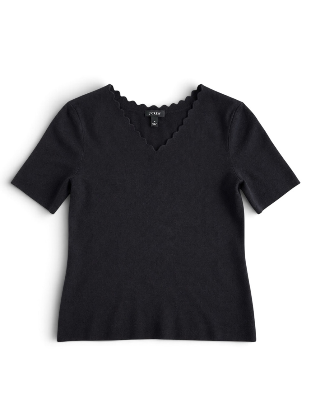 Talbots Scalloped V-Neck Short Sleeve Knit Top Black Large